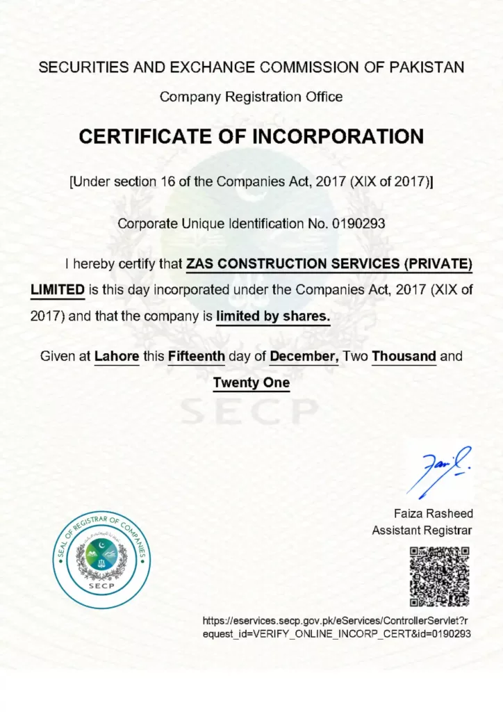 Incorporation Certificate ZAS Construction Services