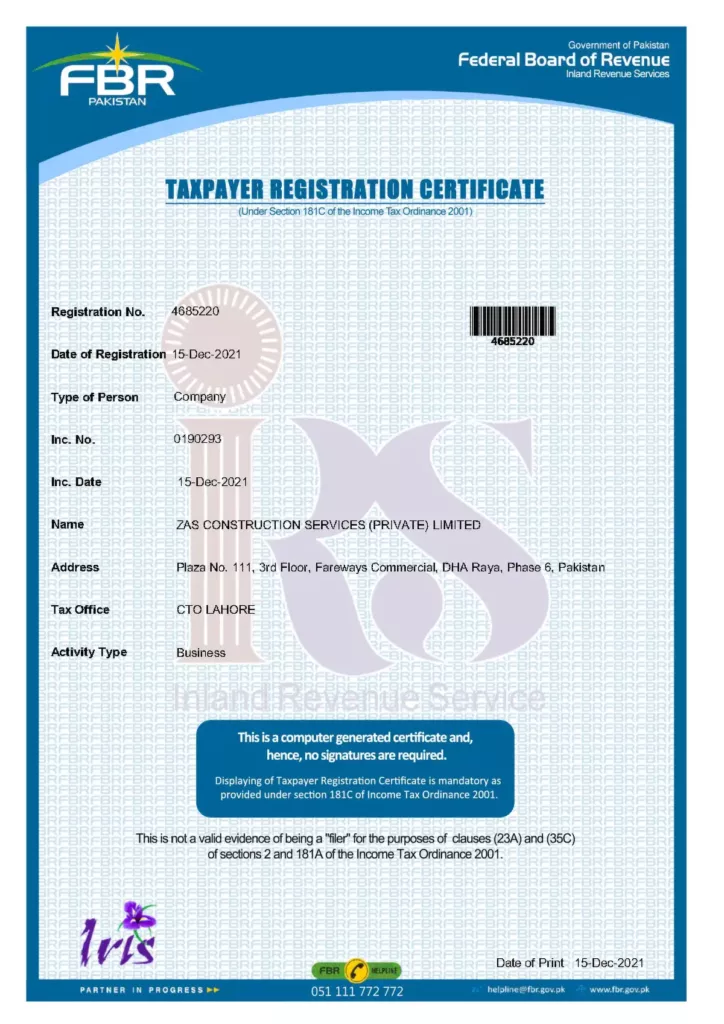 TaxPayer Registration Certificate ZAS Construction Services